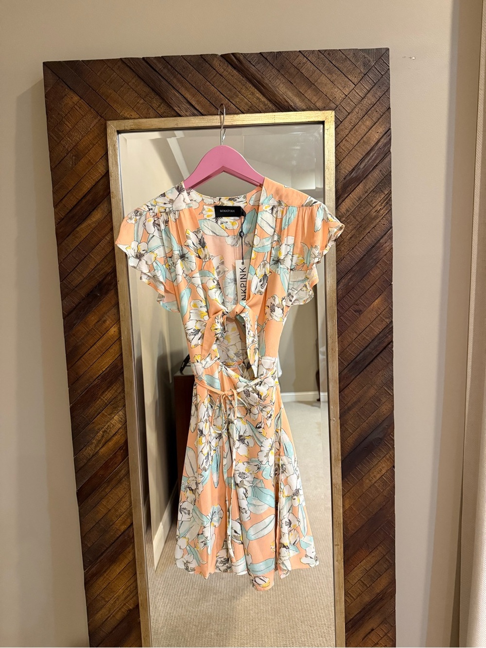 MINKPINK Peach Floral Tie-Front Kids Dress with Blue & White Accents